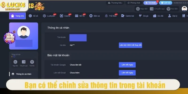 Bạn có thể chỉnh sửa thông tin trong tài khoản