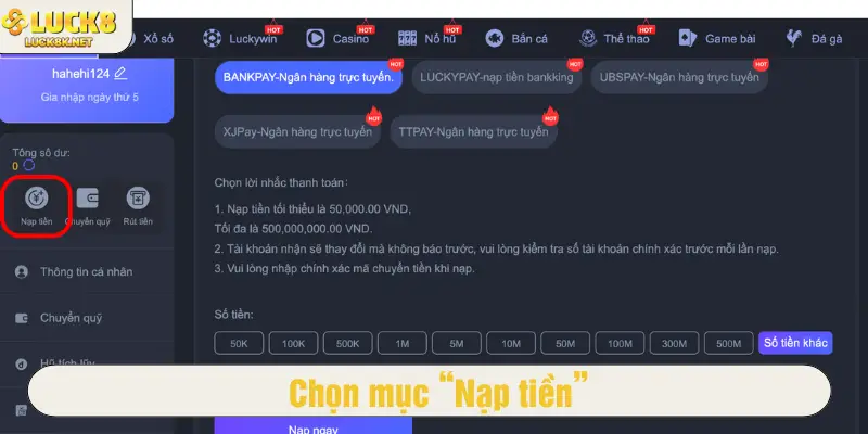Chọn mục “Nạp tiền”