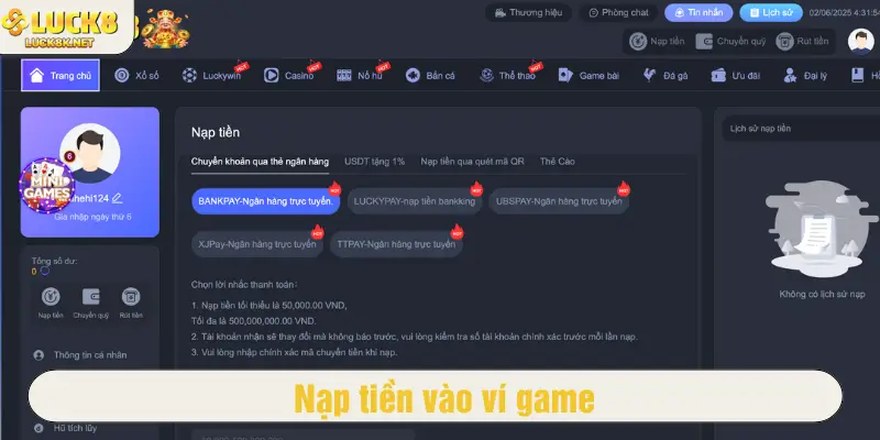 Nạp tiền vào ví game