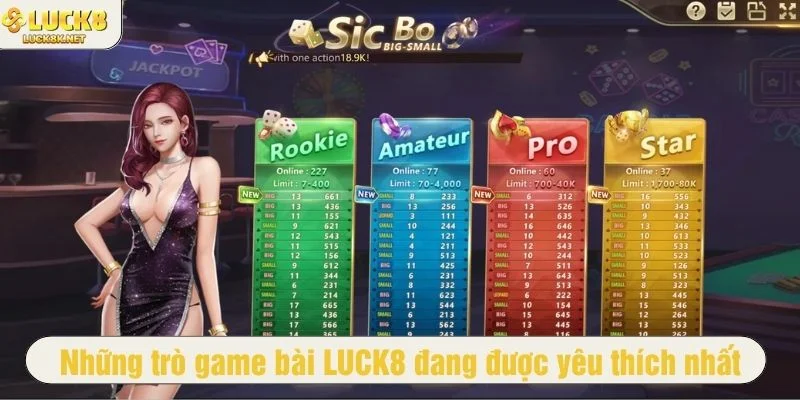Sảnh game bài 3D LUCK8 tập trung các trò chơi bài hot nhất